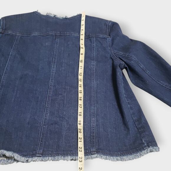 Coldwater Creek Frayed Edge Stretch Denim Jacket Collarless Drk Blue Sz Lg Boho - Picture 13 of 13